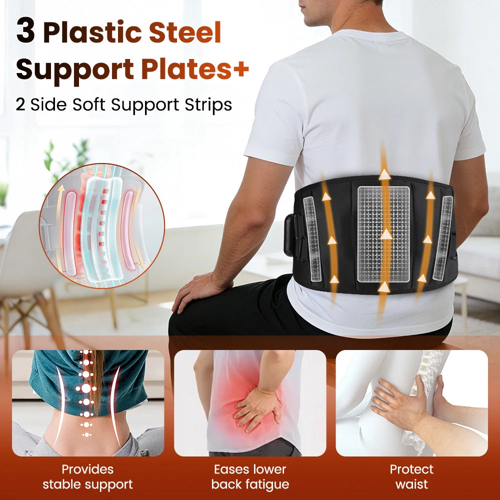 Black waist massager belt with soft support strips and heating panel on back