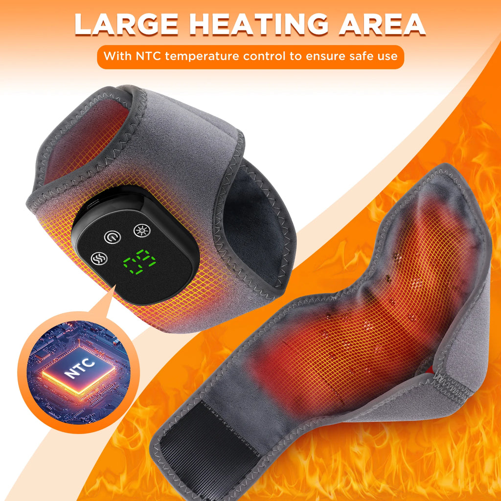 Heated ankle brace with control pod and warming heat panel on gray fabric