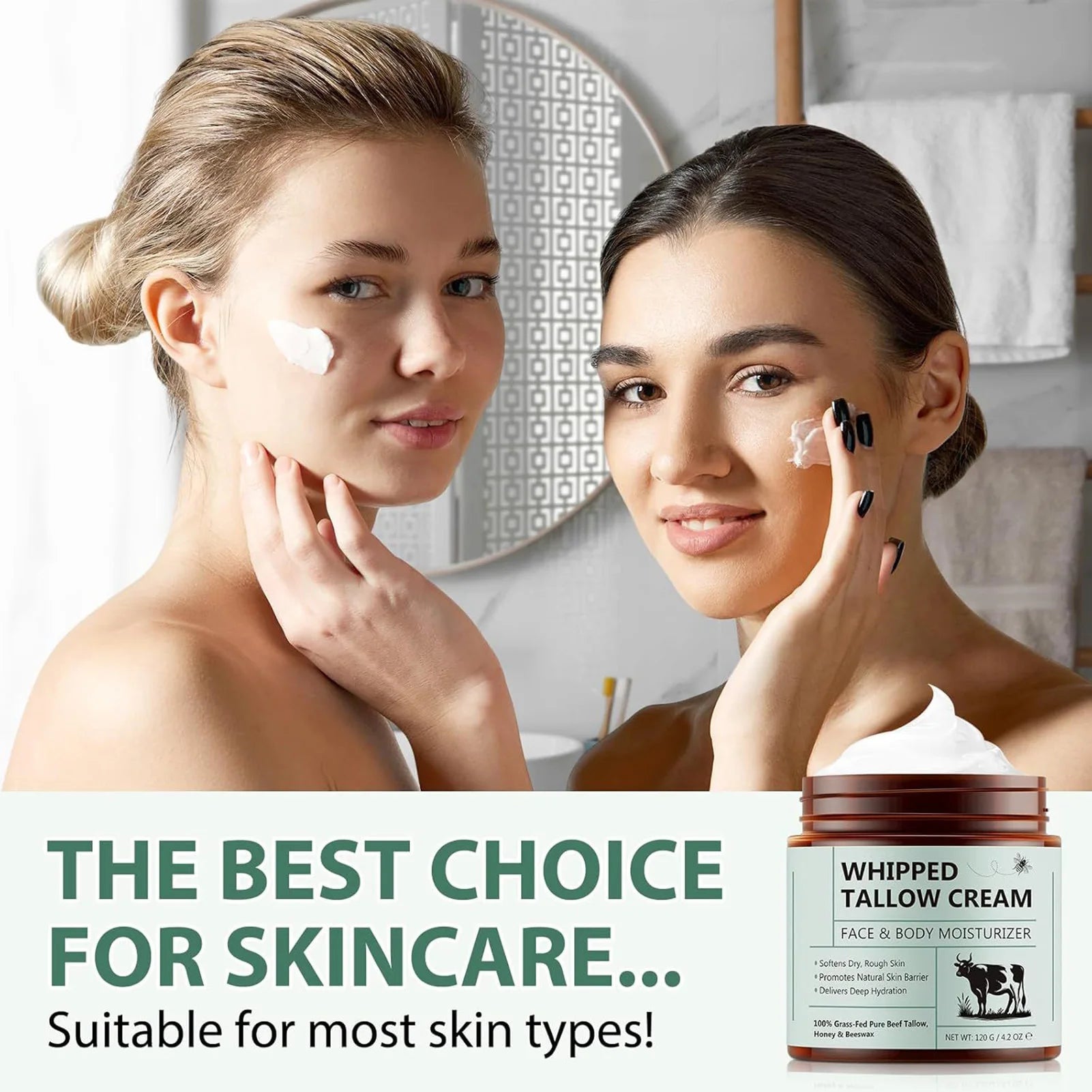 120g Tallow Face Moisturizer Organic-Grass Fed Whipped Beef Tallow with Honey Beeswax Deeply Moisturizing for Face Body