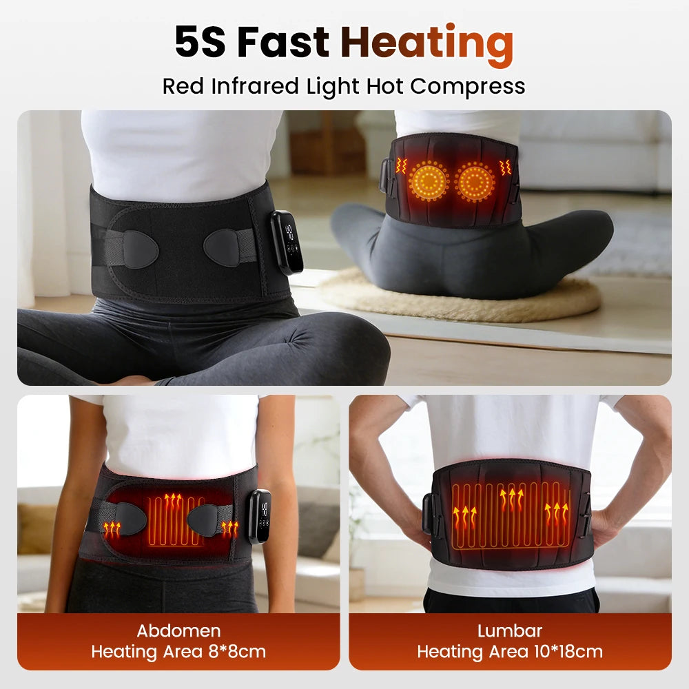Black heated waist massager belt showing red lumbar and abdomen heating