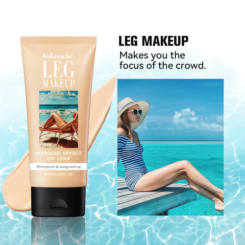 Leg makeup lotion in tan squeeze tube with airbrush effect for waterproof, long-lasting coverage