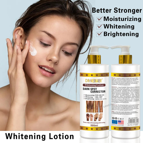 White pump body lotion bottles with gold caps and dark spot corrector label (2-pack)
