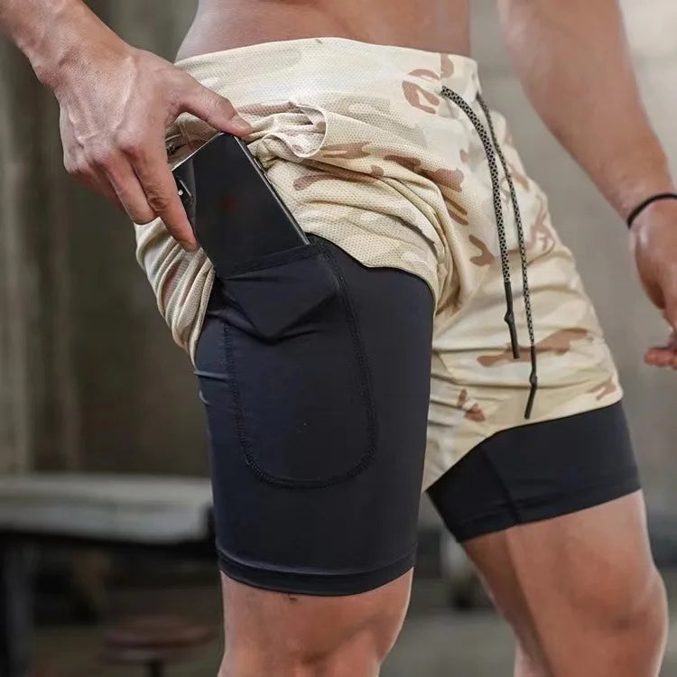Men's Multi-Pocket Double-Layer Shorts Fitness Leisure Beach Sports Lined Tight Shorts Daily Mesh Camouflage Running Quick Dry
