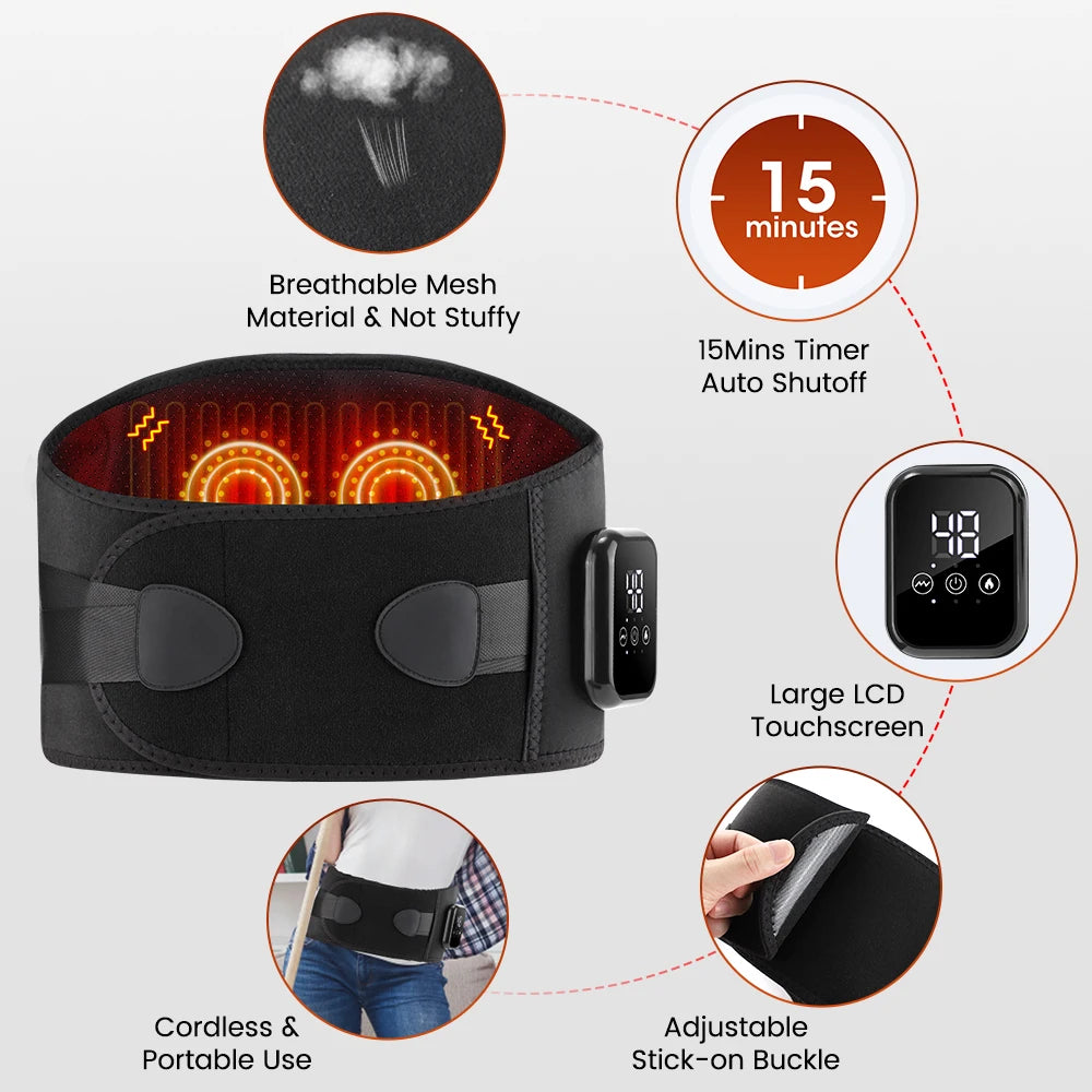 Black breathable mesh waist massager belt with LCD controller and heat display
