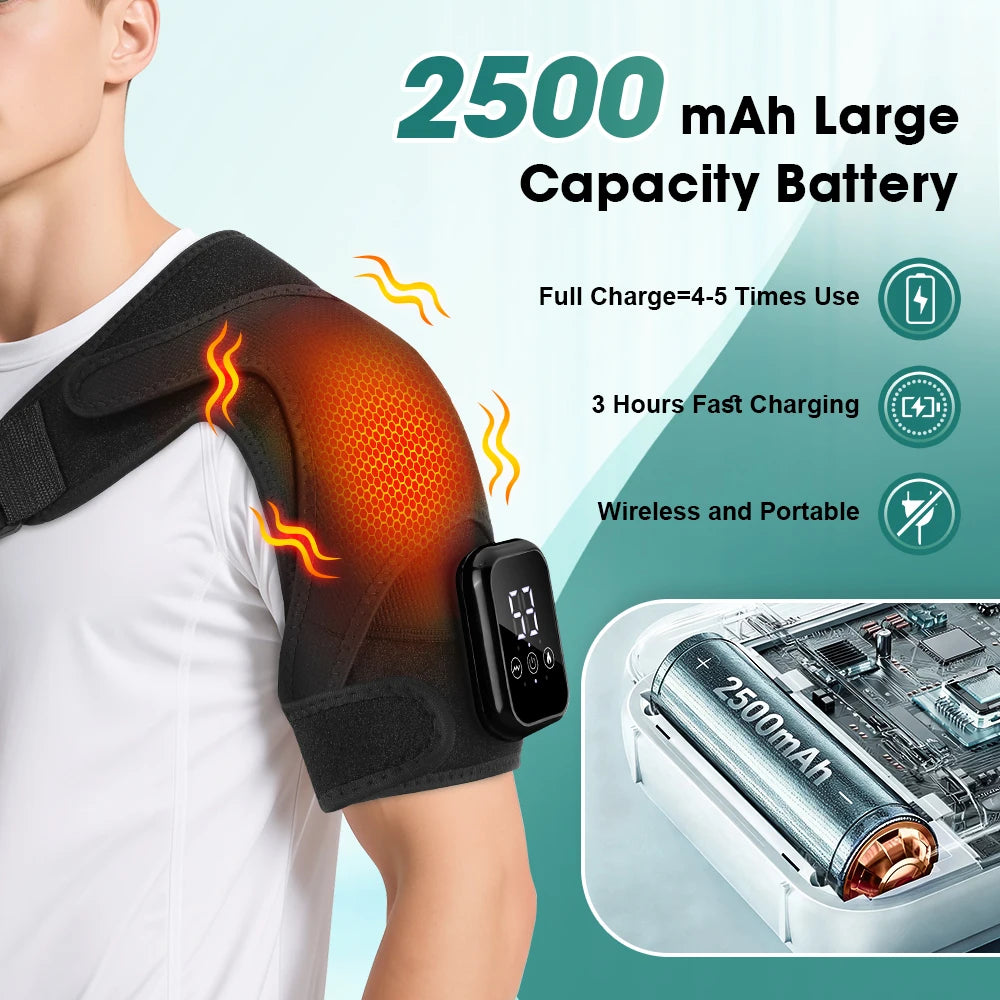 Black heated shoulder wrap with embedded heating zone and portable control module on strap