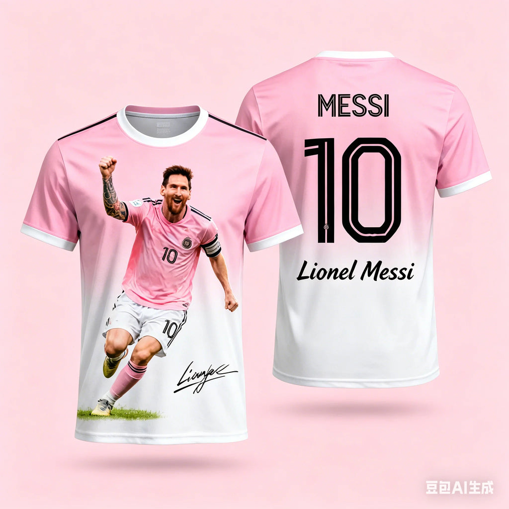 Lionel Messi #10 Inter Miami CF Soccer Jersey T-Shirt, Men Women Pink White Gradient Short Sleeve Football Fan Streetwear Tee