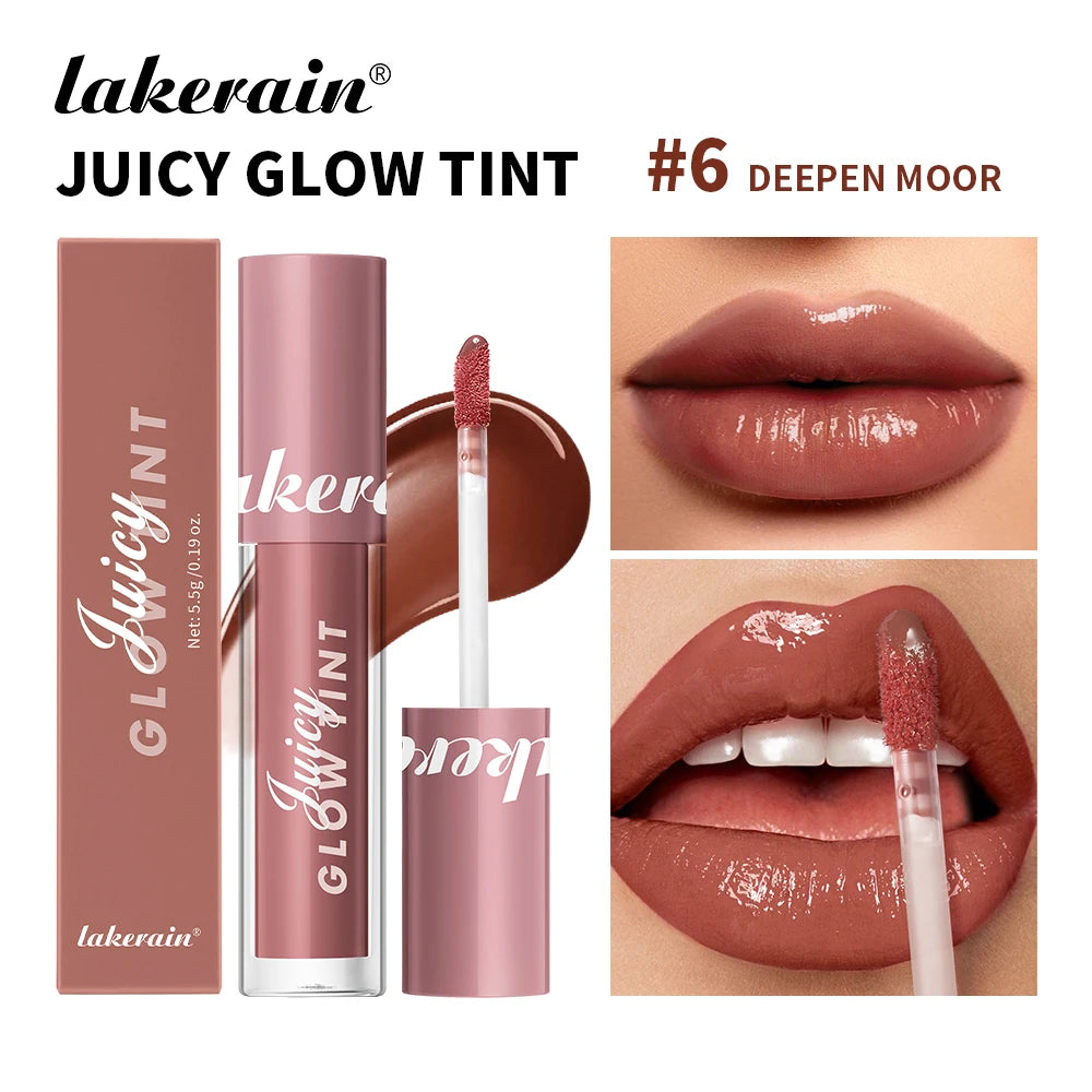 Juicy Glow Tint lip glaze #6 Deepen Moor, shiny rose-brown lips with doe-foot applicator.