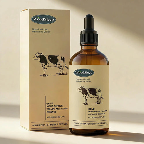 Wooden box and amber serum bottle with black dropper, anti-aging face care