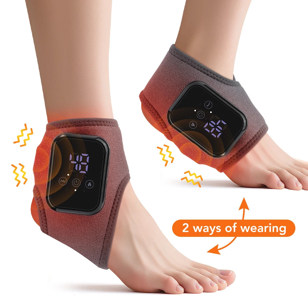 Heated ankle massager brace with black controller on dark gray fabric strap