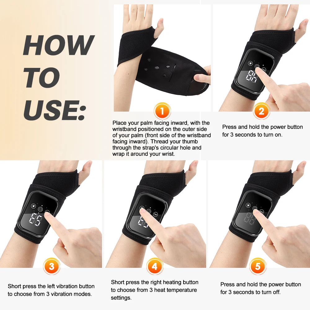 How-to use heated wrist brace steps with black strap and control buttons