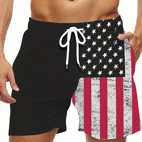 Men's flag-print swim shorts, black with white star panel and red striped side, drawstring