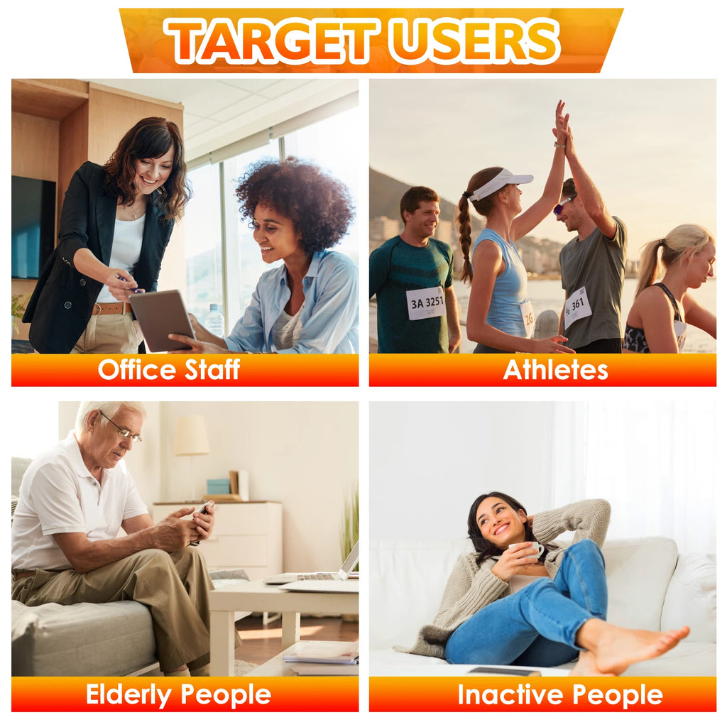 Instruction graphic featuring heated shoulder massager braces for different user groups