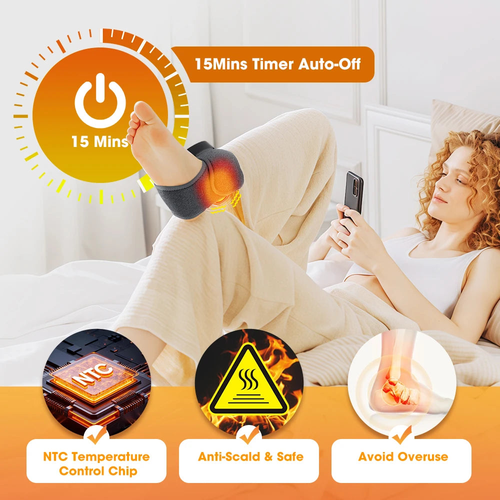 Heated ankle brace with black control module and LED display on gray strap