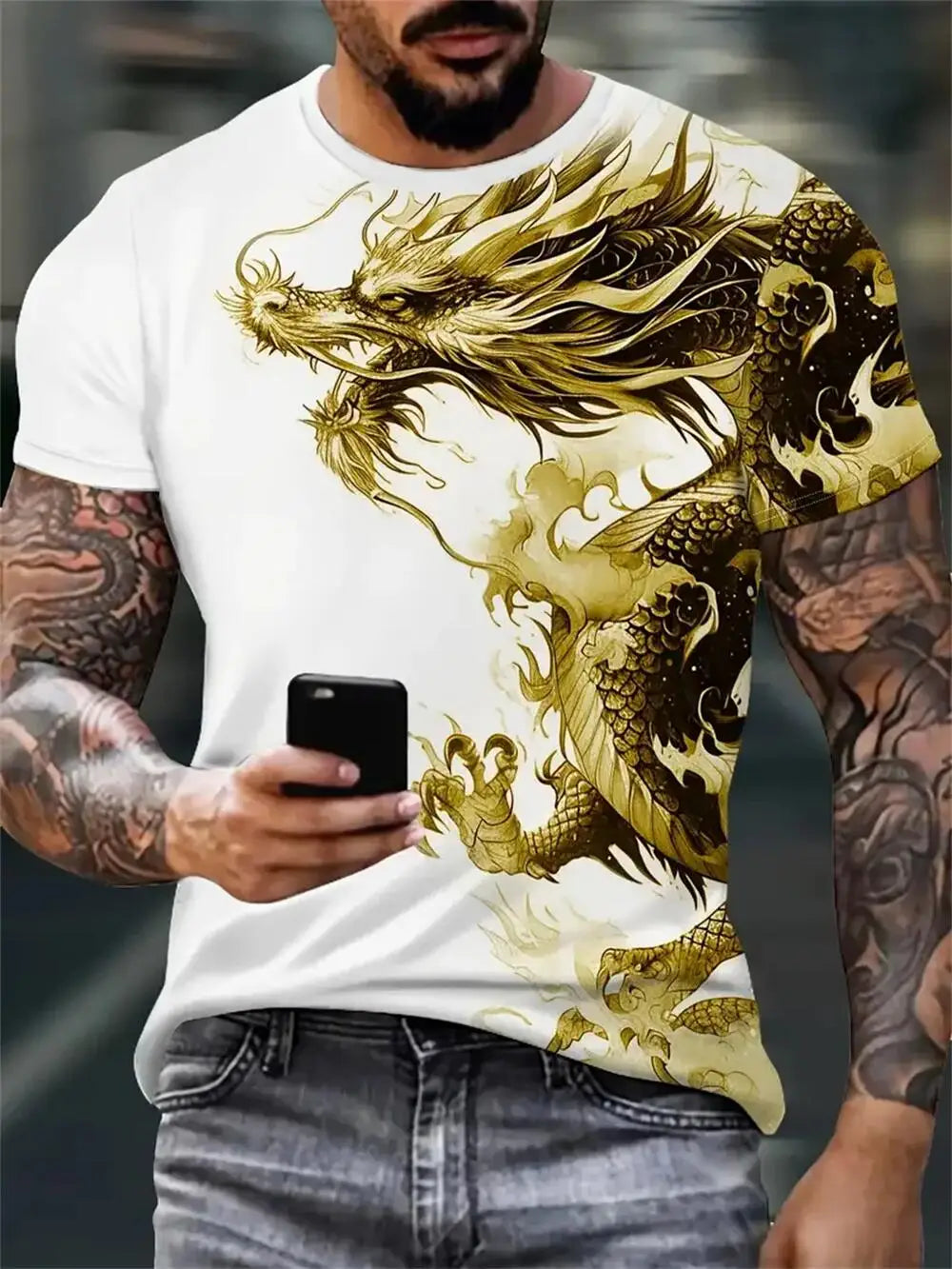 Mens Dragon Print Cotton Blend T-shirt - Stylish Crew Neck Comfortable & Breathable for Summer