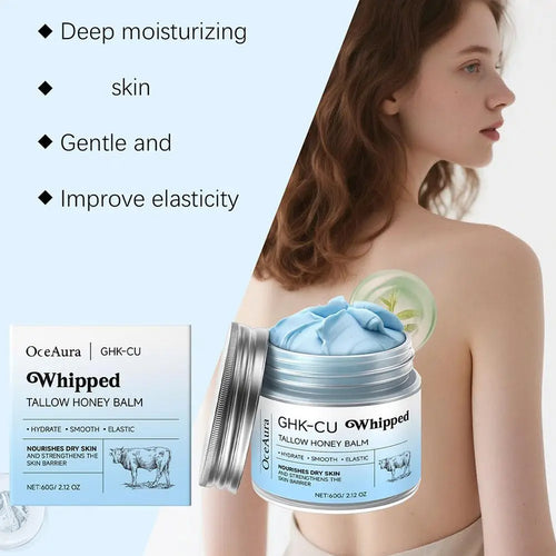 Whipped tallow honey body balm in silver open jar with blue cream