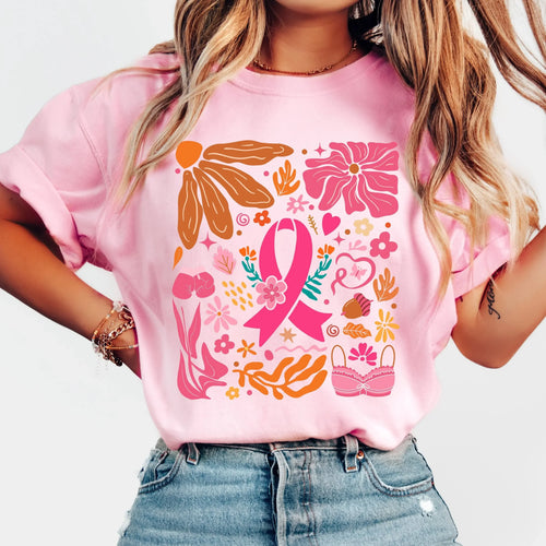 Pink graphic T-shirt with colorful floral “10” and breast cancer ribbon design
