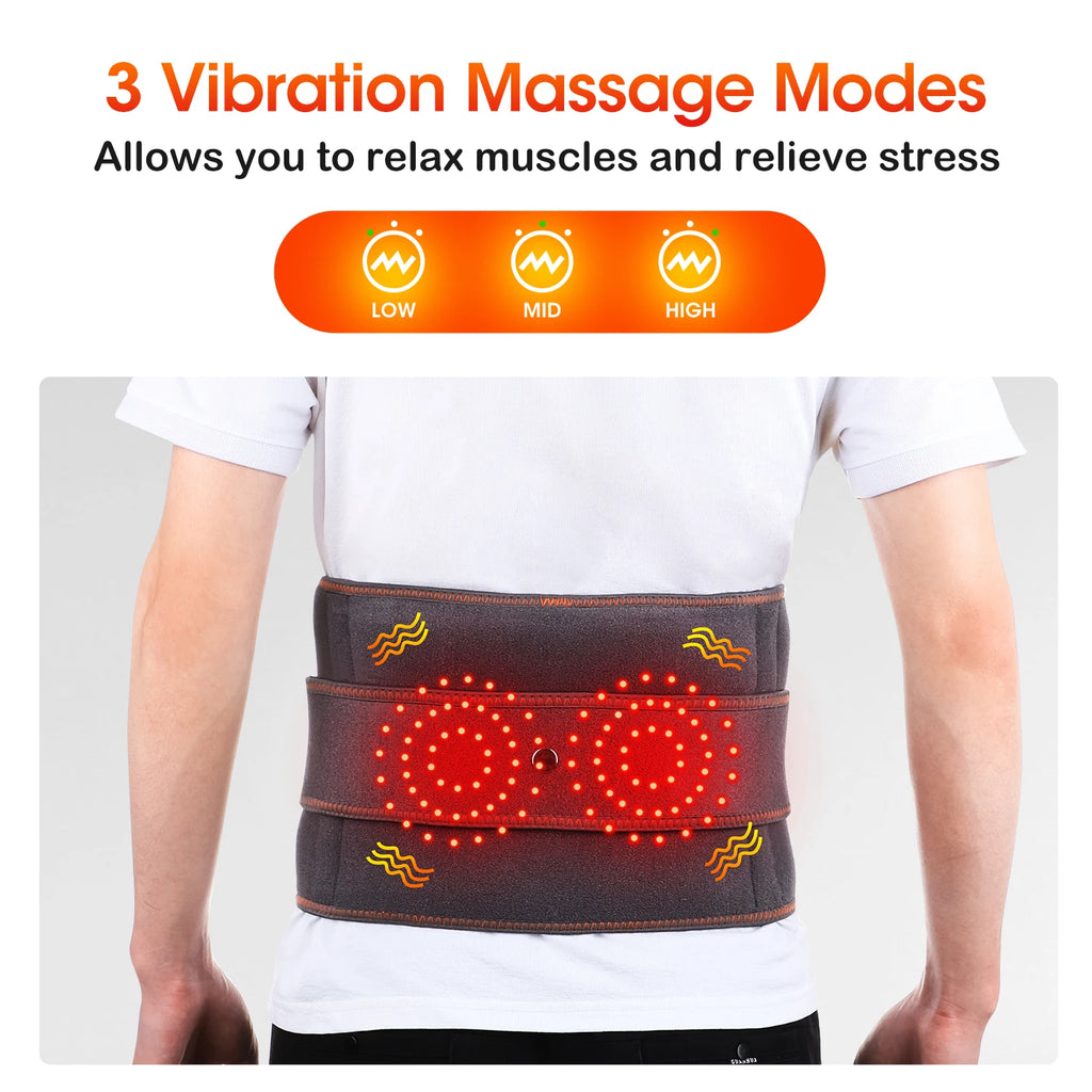 Gray vibration heating waist belt worn on torso with glowing red light circles