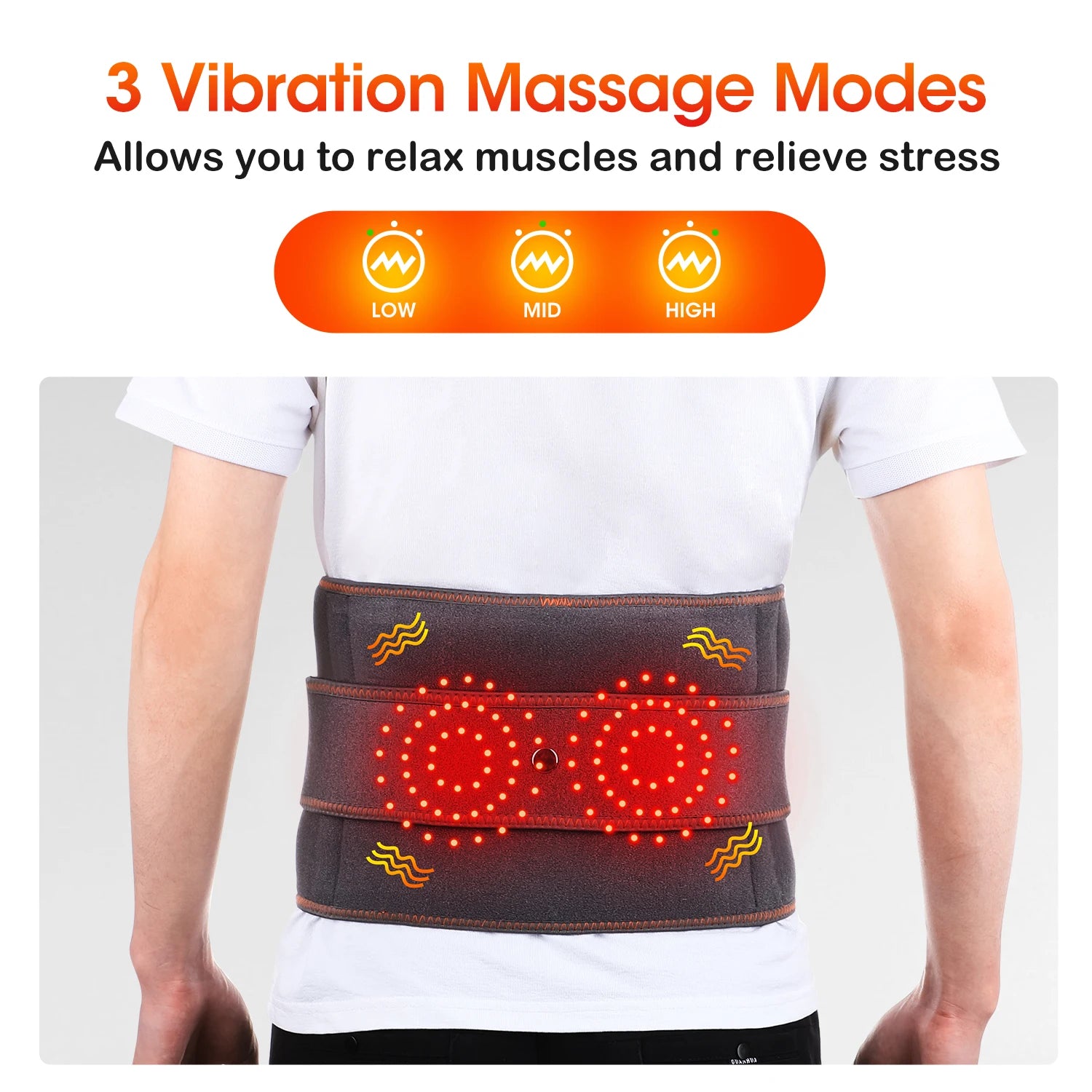 Gray vibration heating waist belt worn on torso with glowing red light circles