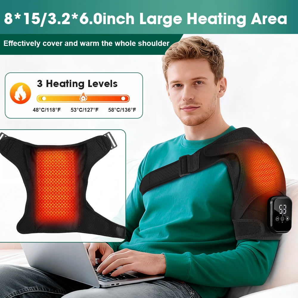 Heated shoulder massager brace with large heating area pads and controller on black strap