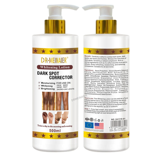 White body lotion pump bottle with gold cap, dark spot corrector packaging (2-pack)