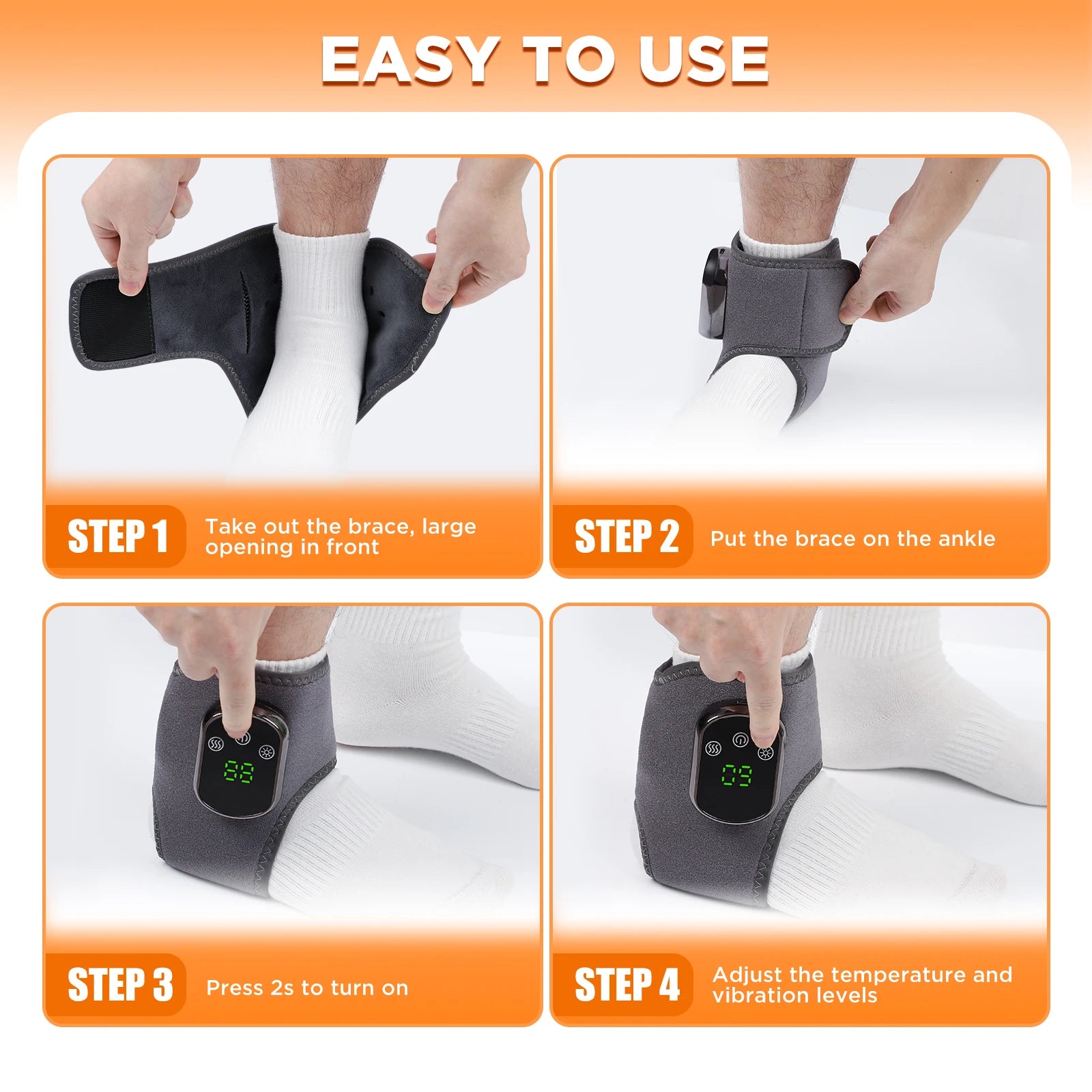 Adjustable heated ankle massager brace shown being opened and placed