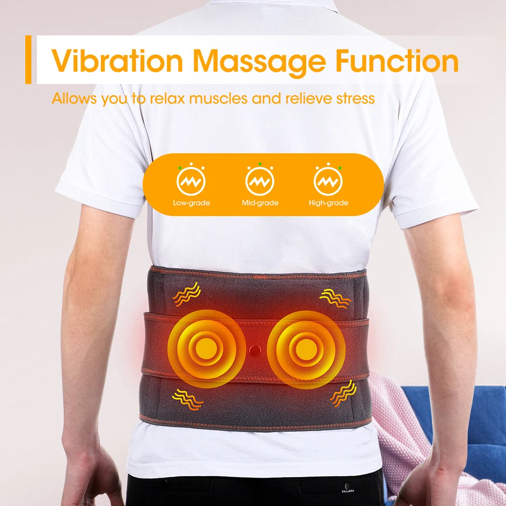 Gray waist massager belt with front vibration nodes and orange controller display