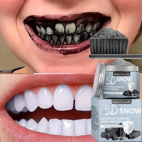 Water Ice Levin 5D SNOW activated charcoal tooth powder boxes with applicator brush