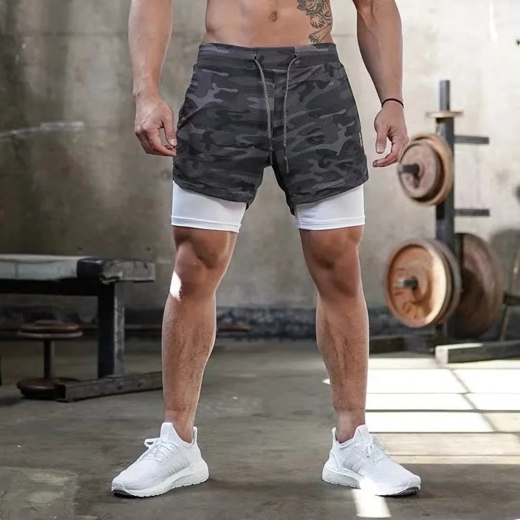 Men's Multi-Pocket Double-Layer Shorts Fitness Leisure Beach Sports Lined Tight Shorts Daily Mesh Camouflage Running Quick Dry