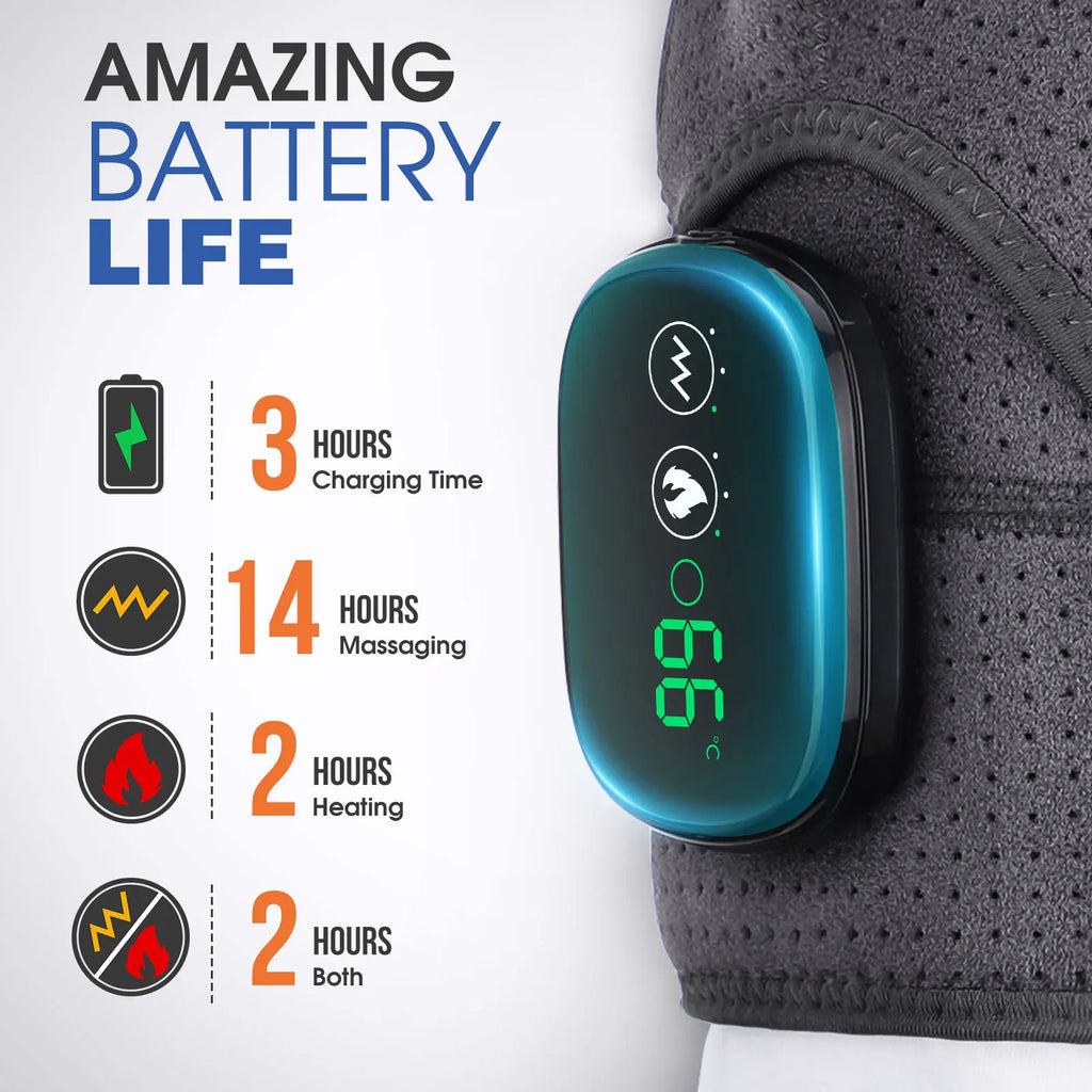 Heated shoulder massager cuff with battery and heating/vibration indicators on side control