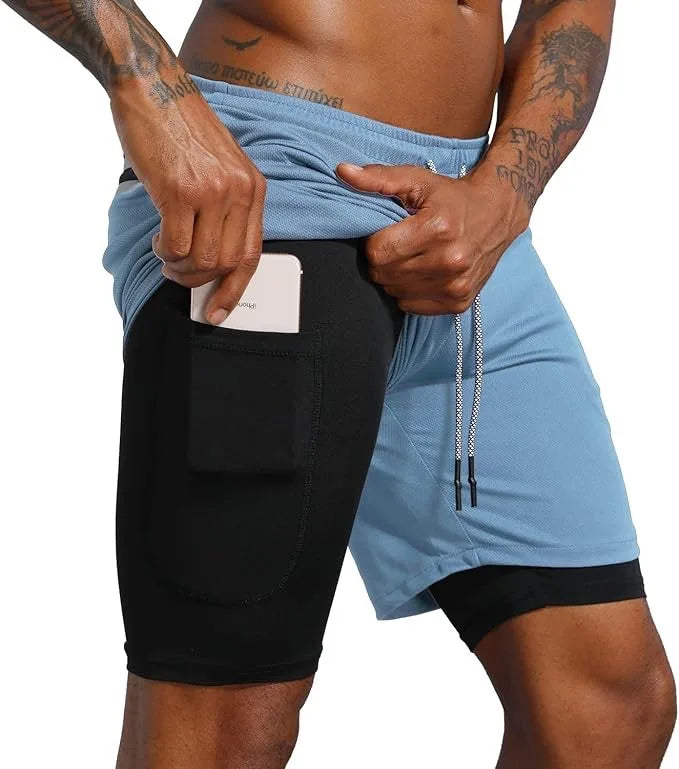 Men's Multi-Pocket Double-Layer Shorts Fitness Leisure Beach Sports Lined Tight Shorts Daily Mesh Camouflage Running Quick Dry