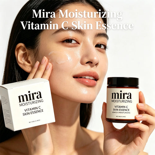 Mira moisturizing body lotion jar with black lid, held by a person on bright skin