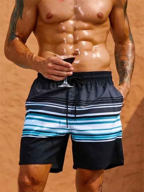 Men's black swim shorts with blue and white striped panels, drawstring waist