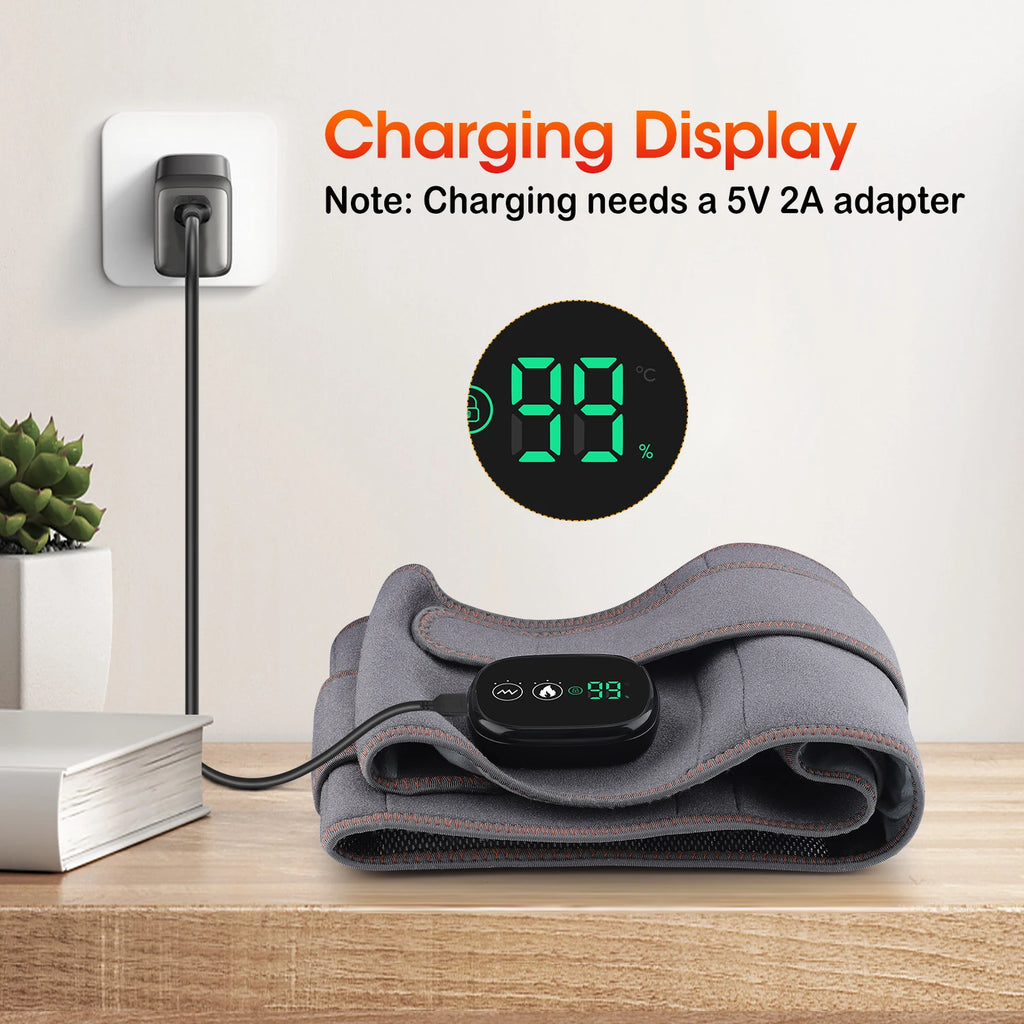 Folded gray waist massager belt with black control unit and green charging indicator