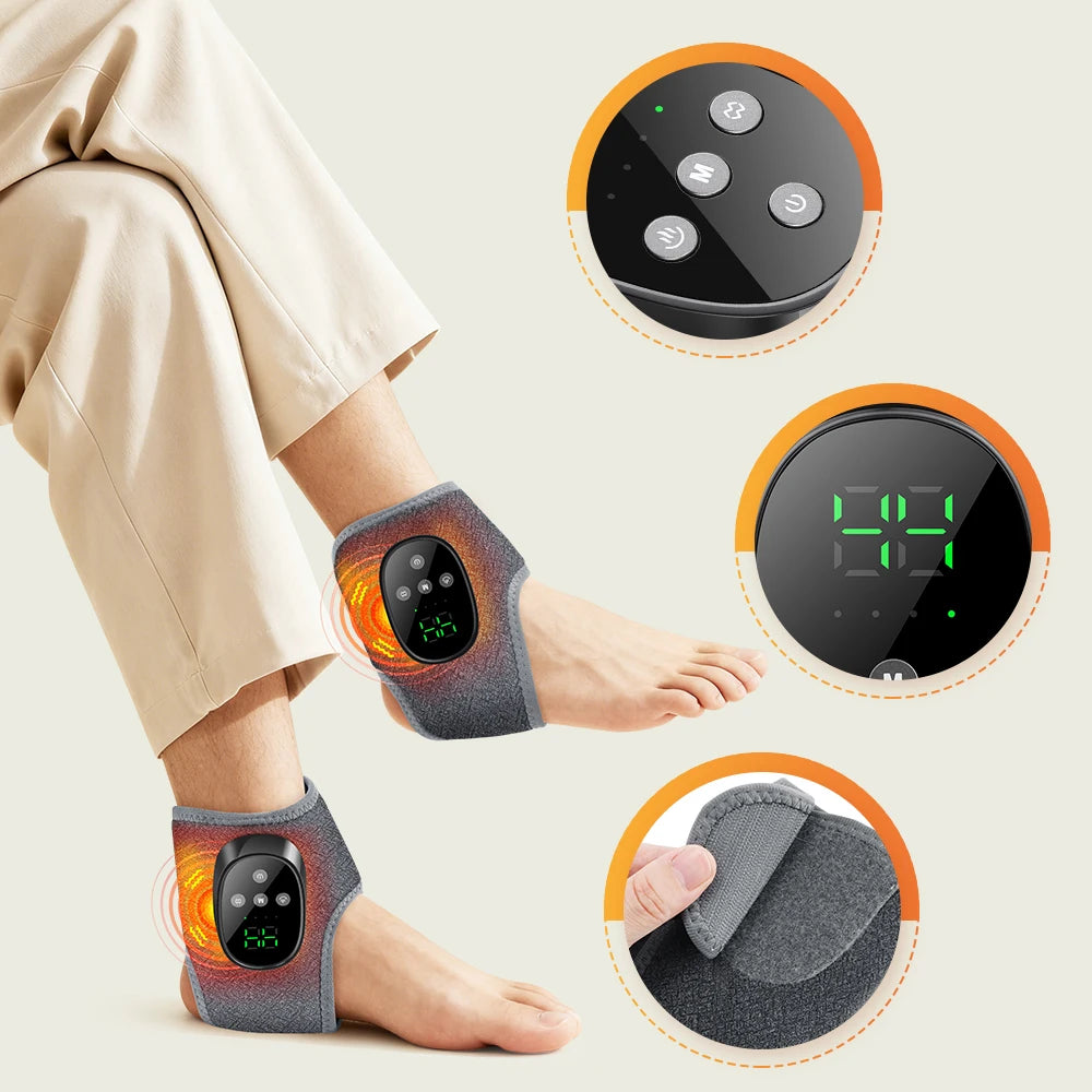 Heated wrist brace with gray fabric and black control module showing LED digits