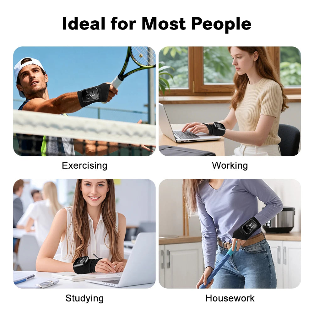 Heated wrist brace with black band shown for working, studying, and exercising
