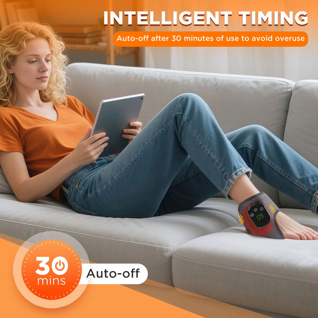 Heated ankle massager brace with illuminated display on gray wrap