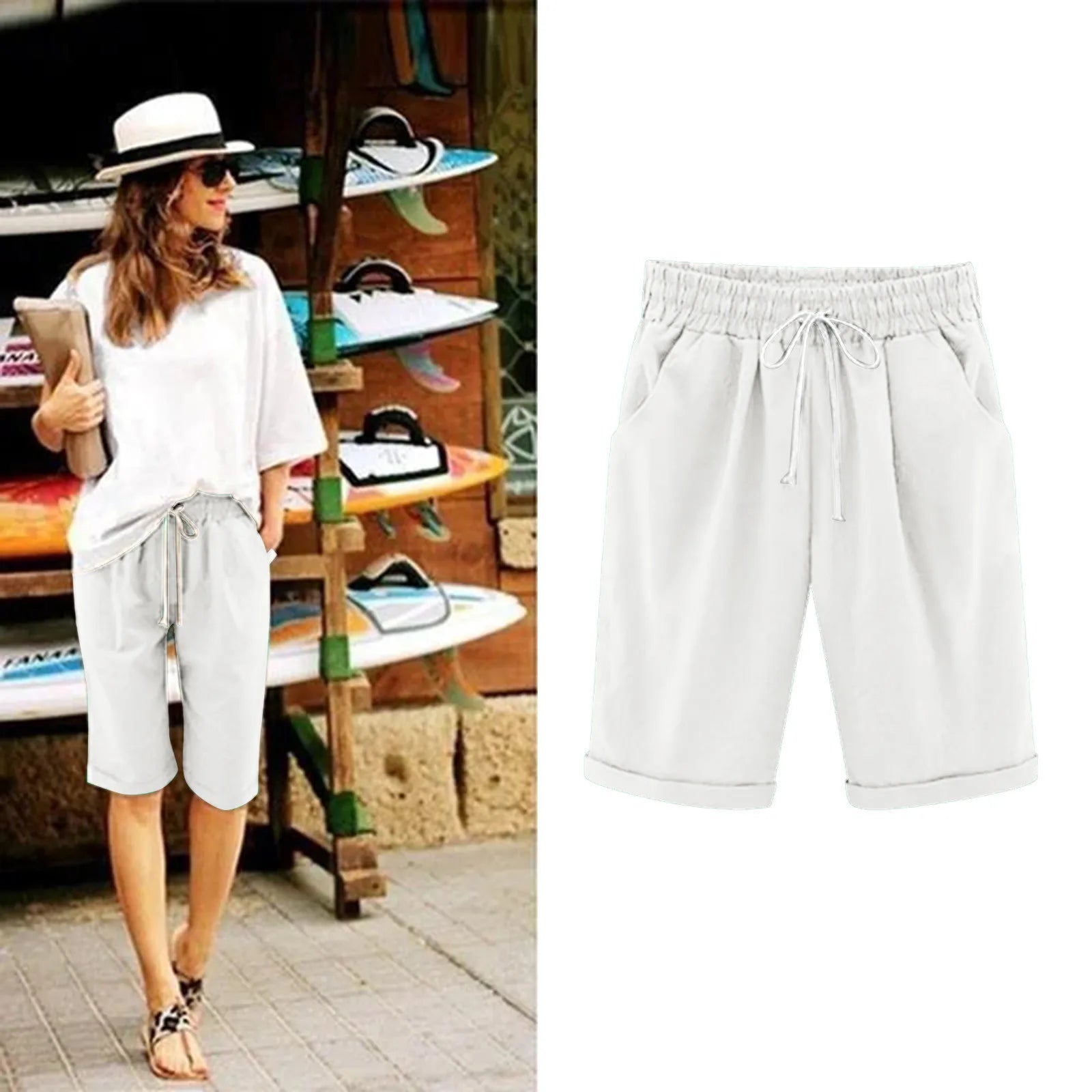 Five Point Pants For Women Summer Cotton Pants Plus Size High Waisted Shorts Lacing Beach Trousers Knee Length Workout Pocket