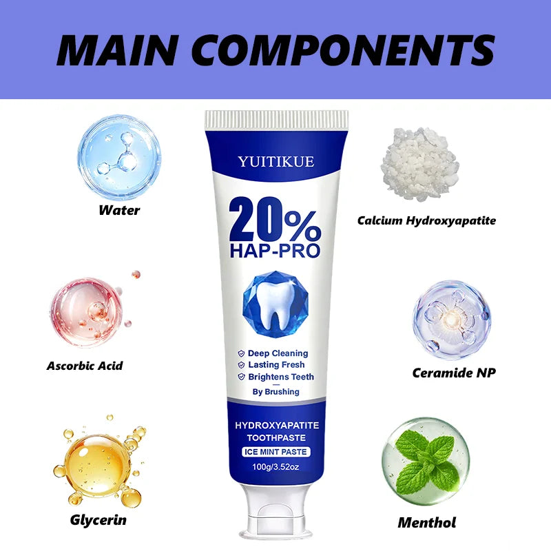 YUITIKUE 100g 20% HAP-PRO Hydroxyapatite Toothpaste, Ice Mint, Deep Cleaning, Brightening & Long-Lasting Fresh Breath Daily Care