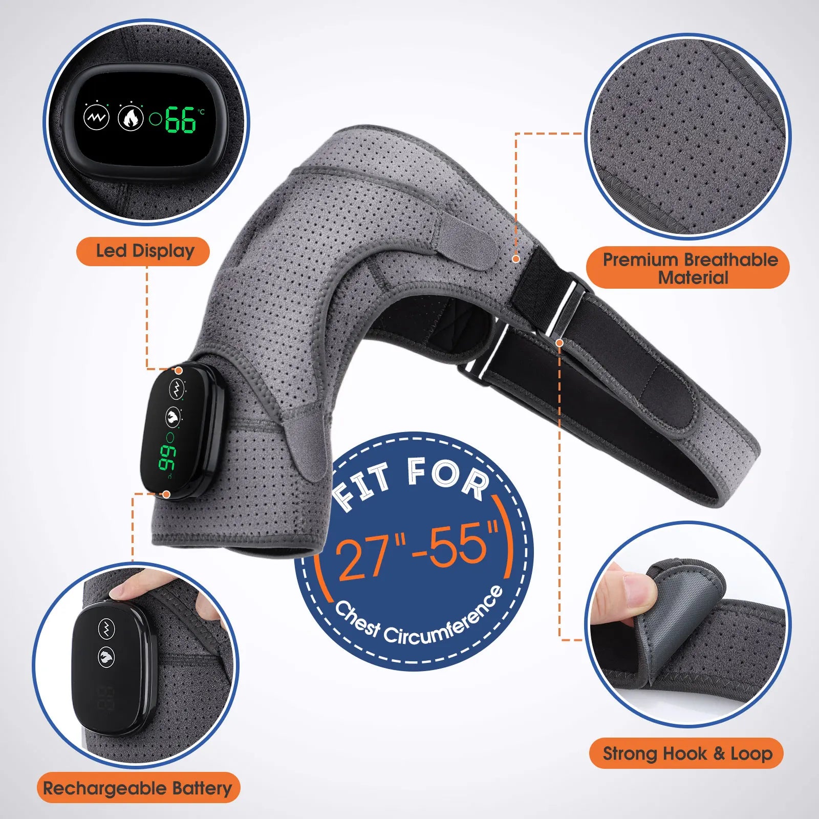 Dark gray heated shoulder brace with LED control module, strap, and hook-and-loop closure