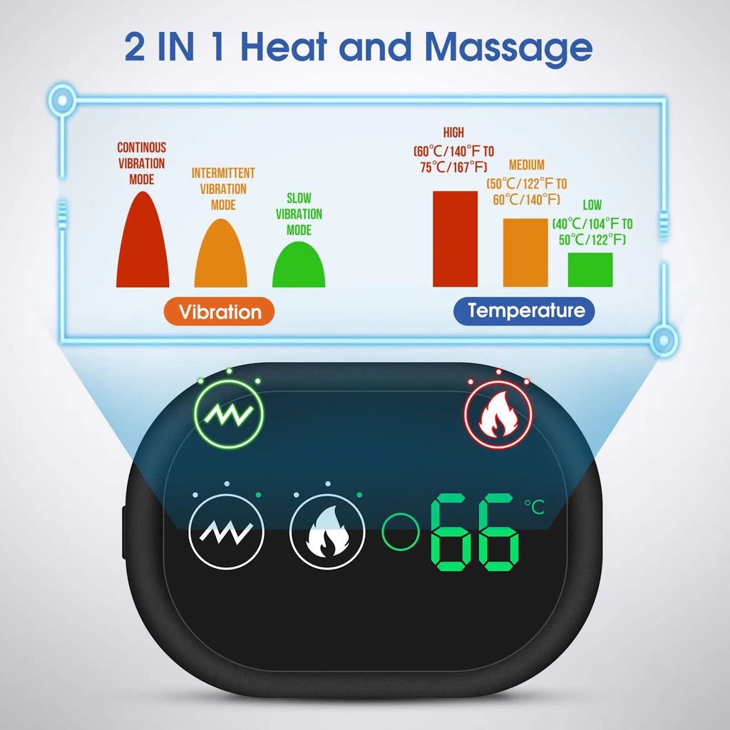 Heated shoulder massager control unit with LED temperature display and power buttons