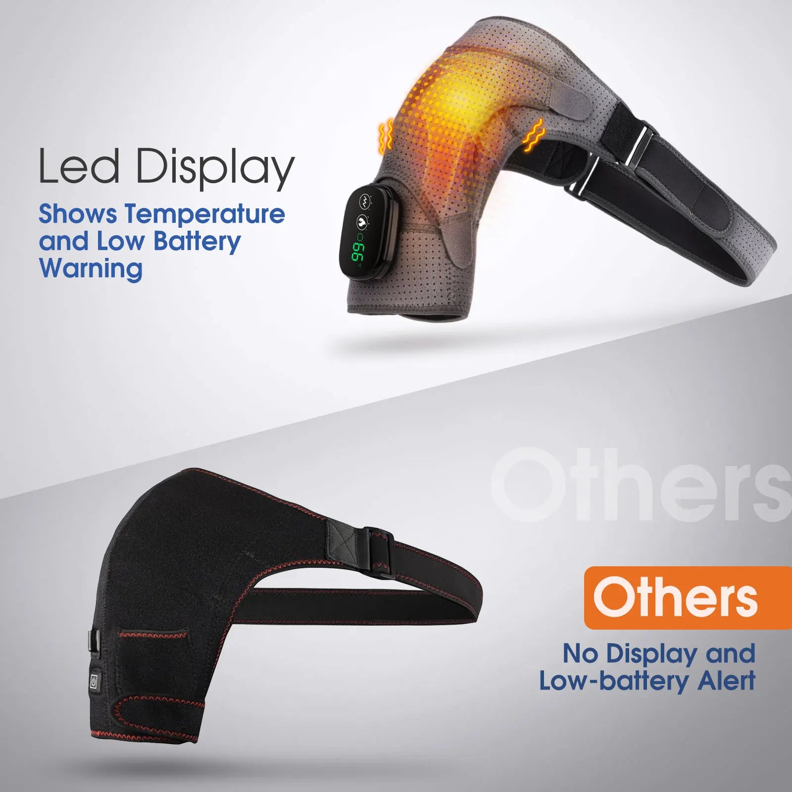 Heated shoulder massager cuff with side controller and strap, shown without glow display