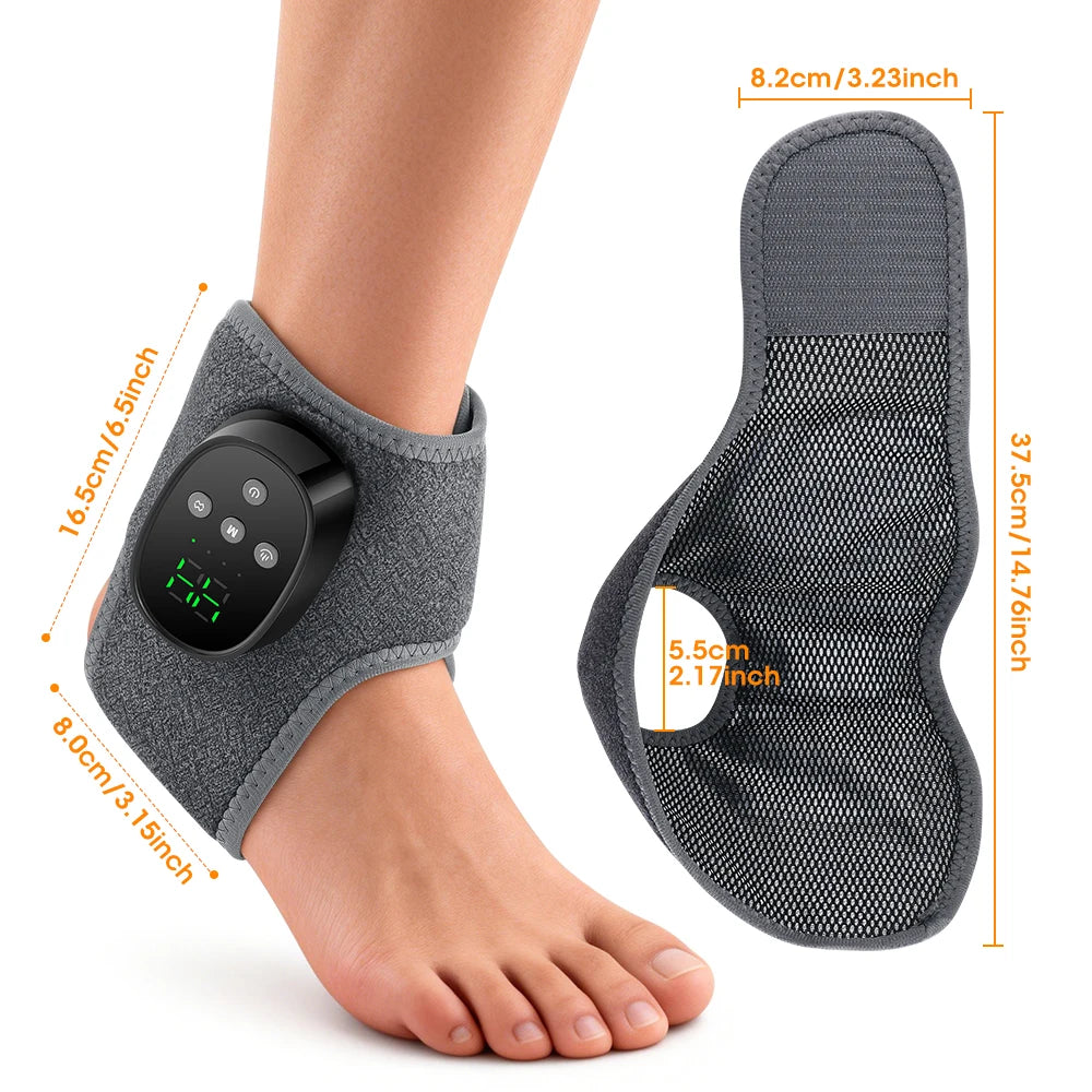 Dark gray ankle brace with mesh underside and wireless controller; size view.