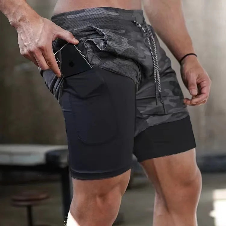 Men's Multi-Pocket Double-Layer Shorts Fitness Leisure Beach Sports Lined Tight Shorts Daily Mesh Camouflage Running Quick Dry
