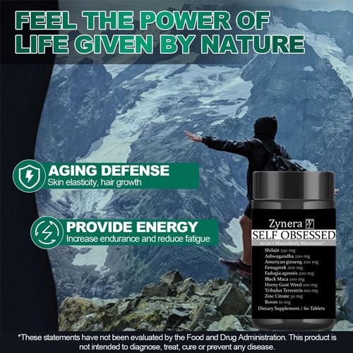 Black supplement bottle with Zynera SELF OBSESSED label