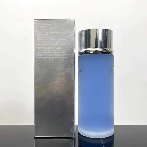 Blue cellular refining lotion bottle with silver cap and matching box