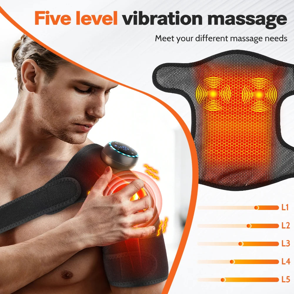 Heated shoulder massager brace on person’s shoulder with glowing heat and small remote