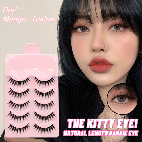 Wispy false eyelashes on model face with pink lash pack and round detail inset