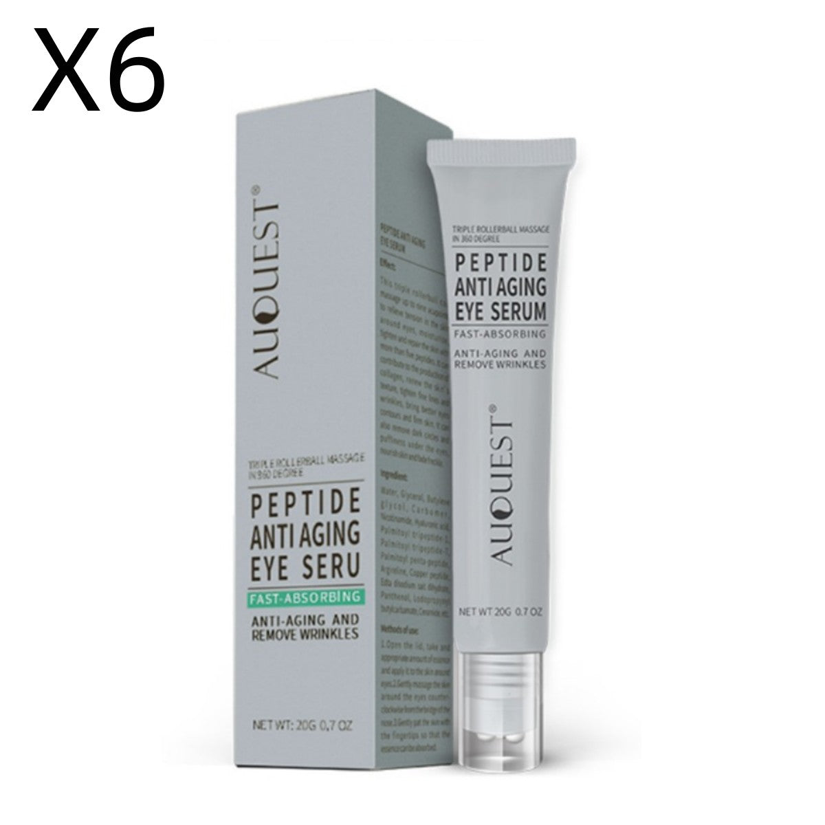 6-pack grey peptide antiaging eye serum tube with matching box