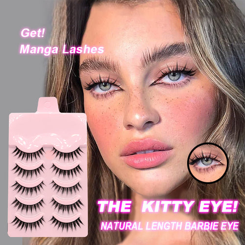 Natural-length wispy false eyelashes shown on model close-up with lash pack